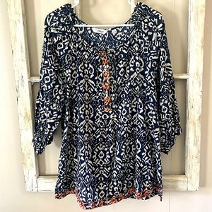 GREAT NORTHWEST INDIGO Blue Print pullover top. Coral accent GUC Size XL Cotton